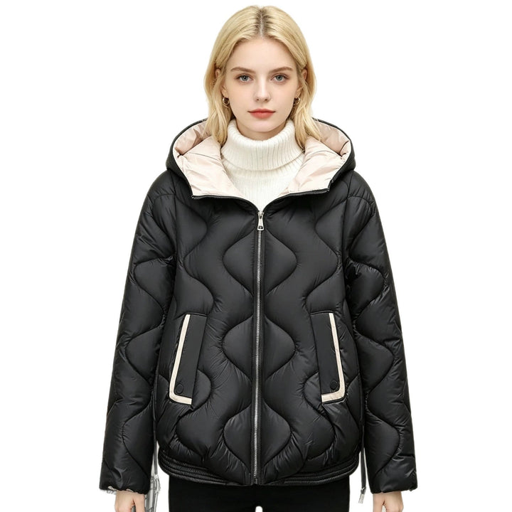 Ladies' Quilted Short Jacket with Heart Stitching, Rounded Hem, and Hood