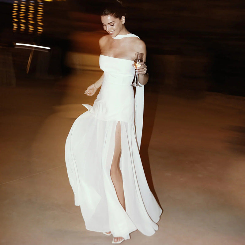 Magnificent Strapless Patchwork Mesh With Exquisitely Cascading Hemline Maxi Dress