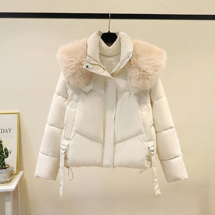 Ladies' Short Quilted Jacket with Voluminous Faux Fur Collar and Waistband
