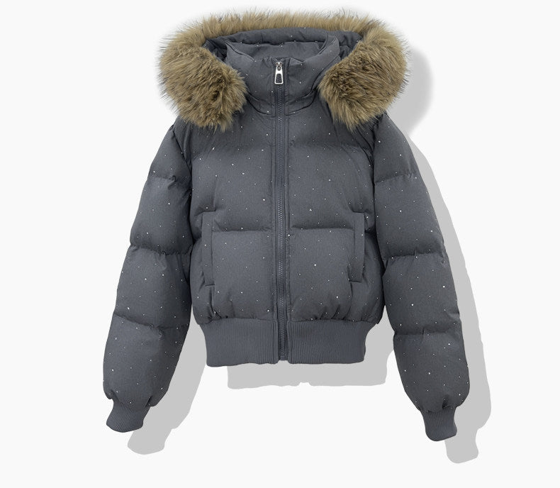 Ladies short quilted jacket with removable hood