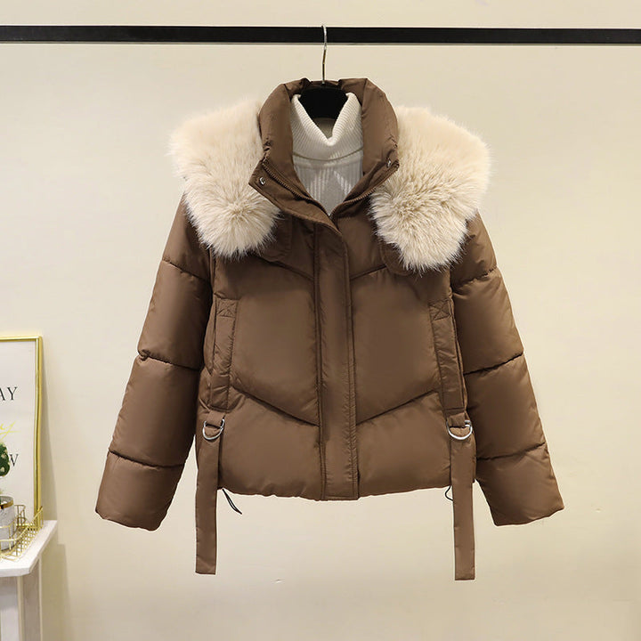 Ladies' Short Quilted Jacket with Voluminous Faux Fur Collar and Waistband