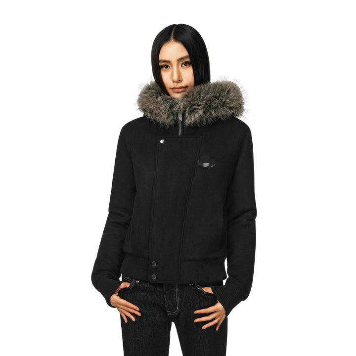 Ladies' Short Bomber Jacket with Voluminous Hood and Thumbhole Cuffs