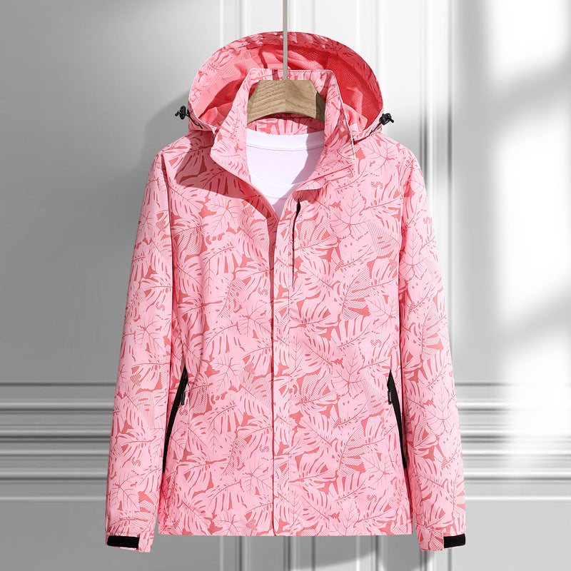 Ladies' Light Rain and Wind Jacket with Hood and Leaf Pattern