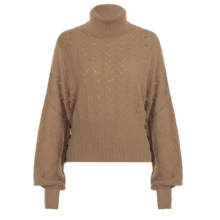 Ladies Cropped Long Sleeve Turtleneck Pullover with Buttons