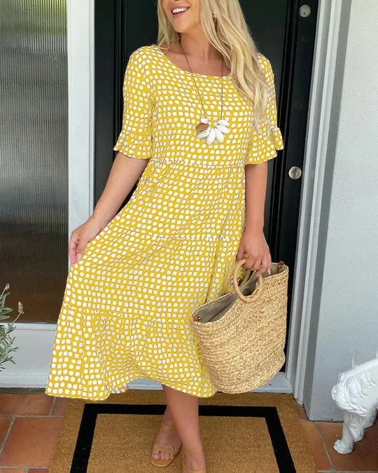 Luxurious Relaxed Fit Dotted Pattern Breathable Tiered Silhouette Midlength Dress