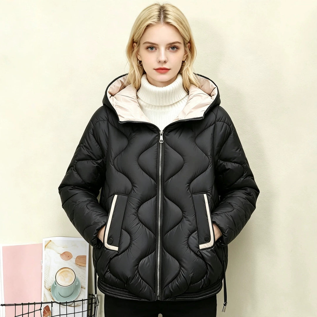 Ladies' Quilted Short Jacket with Heart Stitching, Rounded Hem, and Hood