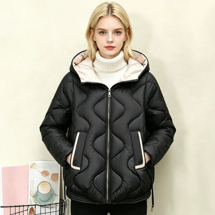 Ladies' Quilted Short Jacket with Heart Stitching, Rounded Hem, and Hood