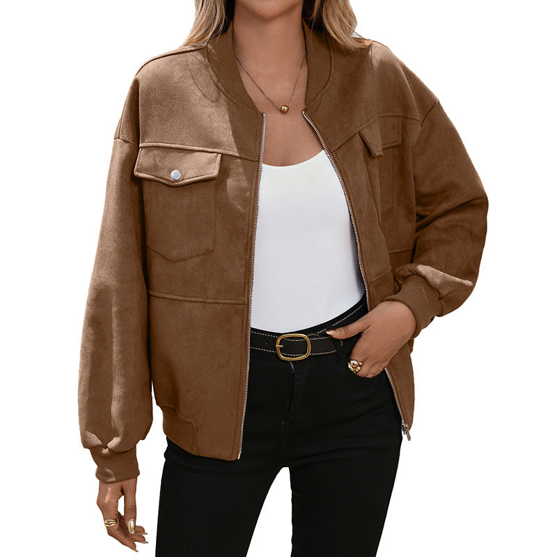 Ladies Oversized Bomber Jacket with Long Sleeves and Chest Pockets