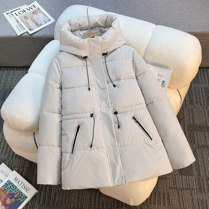 Ladies short padded hoodie with high collar and drawstring
