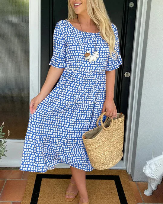 Luxurious Relaxed Fit Dotted Pattern Breathable Tiered Silhouette Midlength Dress