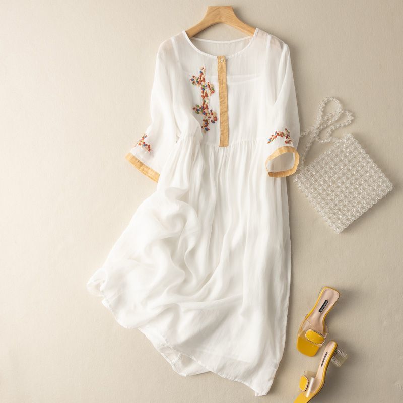 Elegant Flowing Embroidered Intricately Textured Delicately Gathered Waist Midi Dress