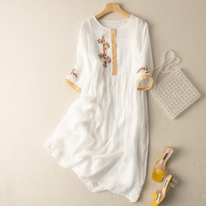 Elegant Flowing Embroidered Intricately Textured Delicately Gathered Waist Midi Dress