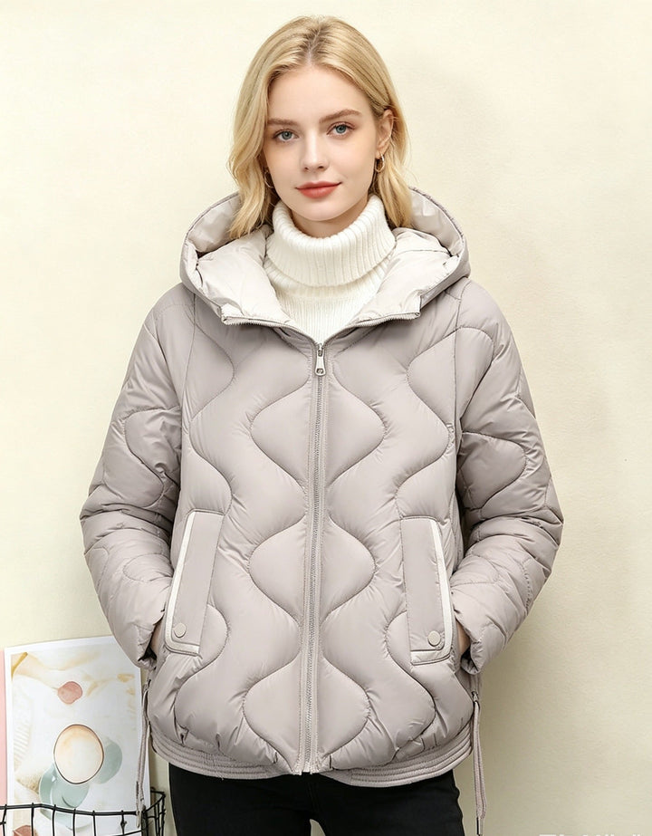 Ladies' Quilted Short Jacket with Heart Stitching, Rounded Hem, and Hood