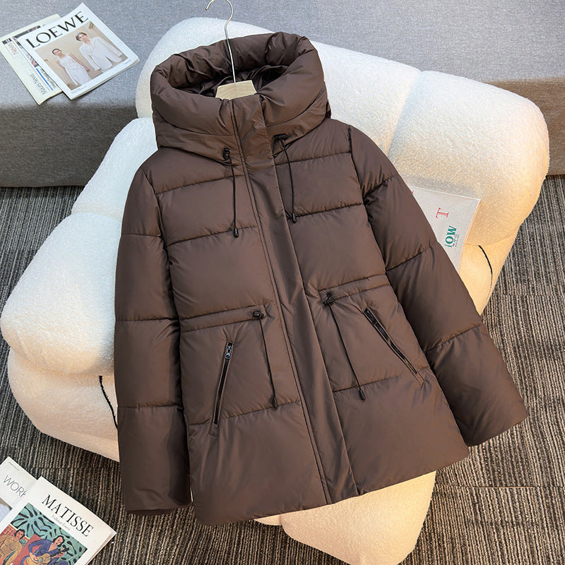 Ladies short padded hoodie with high collar and drawstring