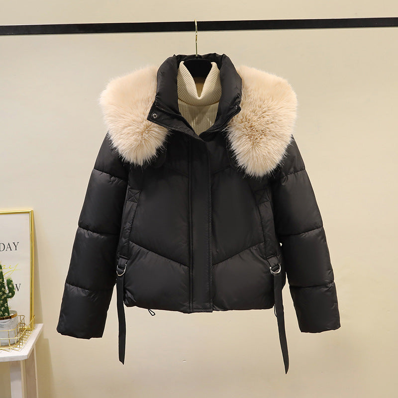 Ladies' Short Quilted Jacket with Voluminous Faux Fur Collar and Waistband