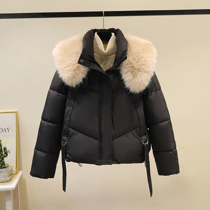 Ladies' Short Quilted Jacket with Voluminous Faux Fur Collar and Waistband