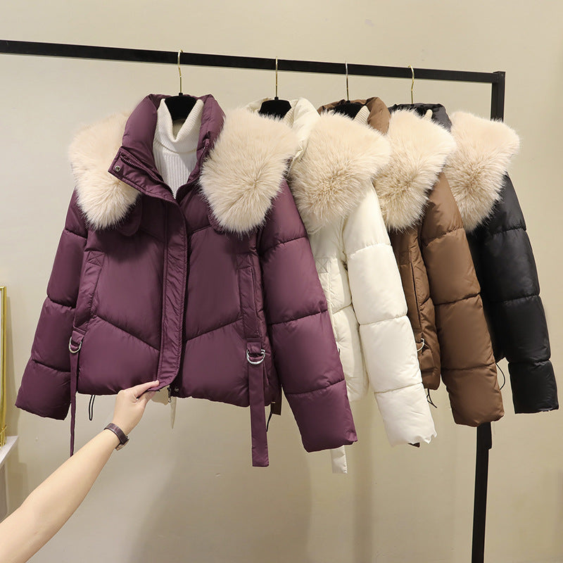 Ladies' Short Quilted Jacket with Voluminous Faux Fur Collar and Waistband