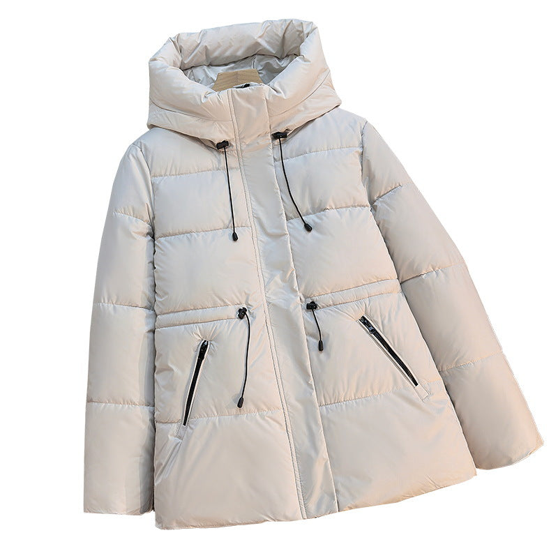 Ladies short padded hoodie with high collar and drawstring