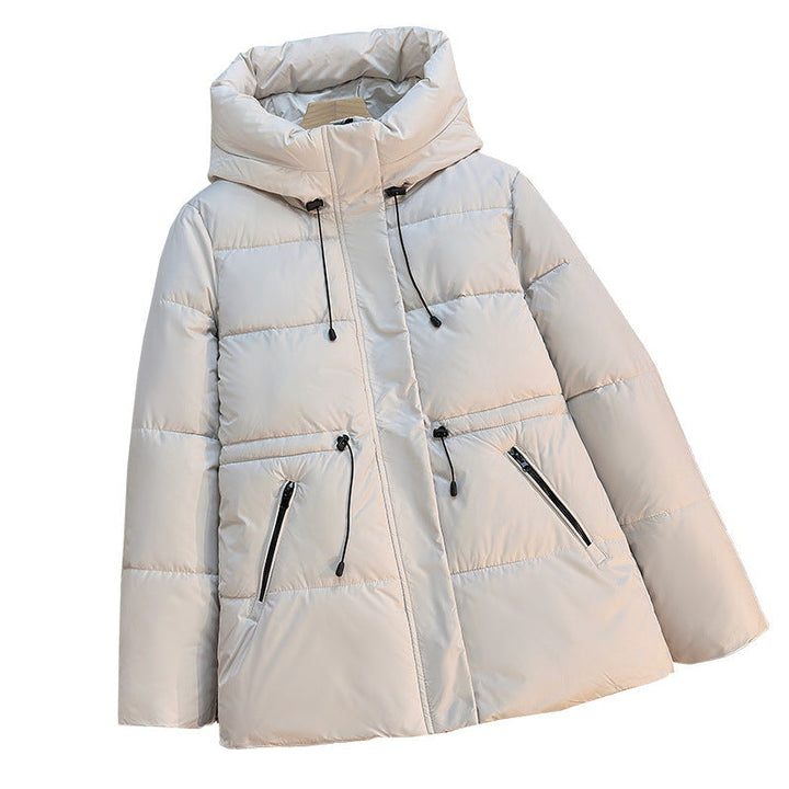 Ladies short padded hoodie with high collar and drawstring