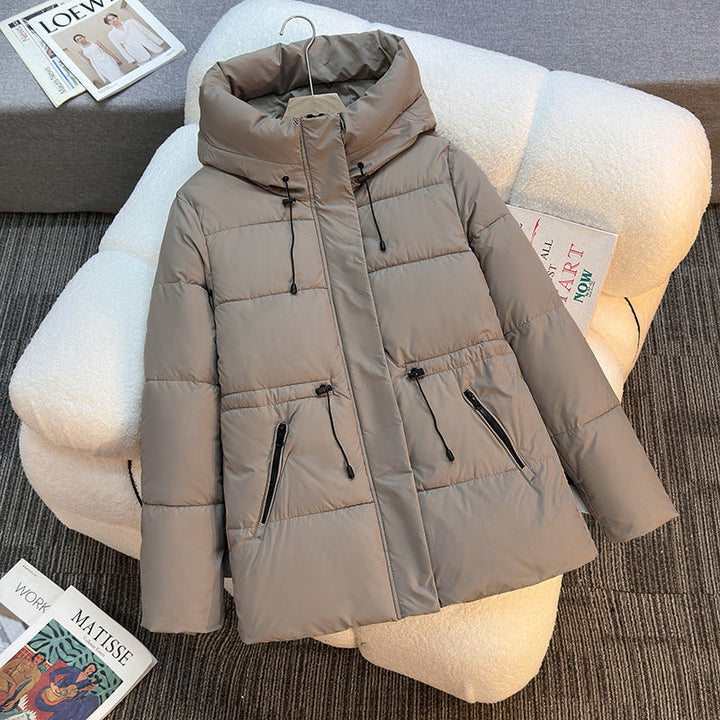 Ladies short padded hoodie with high collar and drawstring