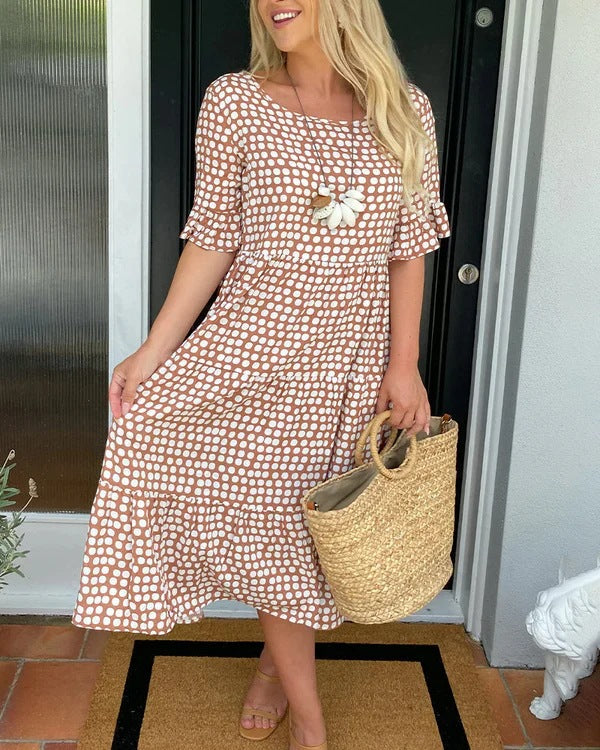 Luxurious Relaxed Fit Dotted Pattern Breathable Tiered Silhouette Midlength Dress