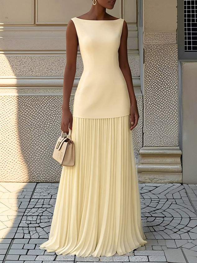Graceful Silhouette Enhancing Sleeveless Pleated Flowing Evening Elegant Maxi Dress