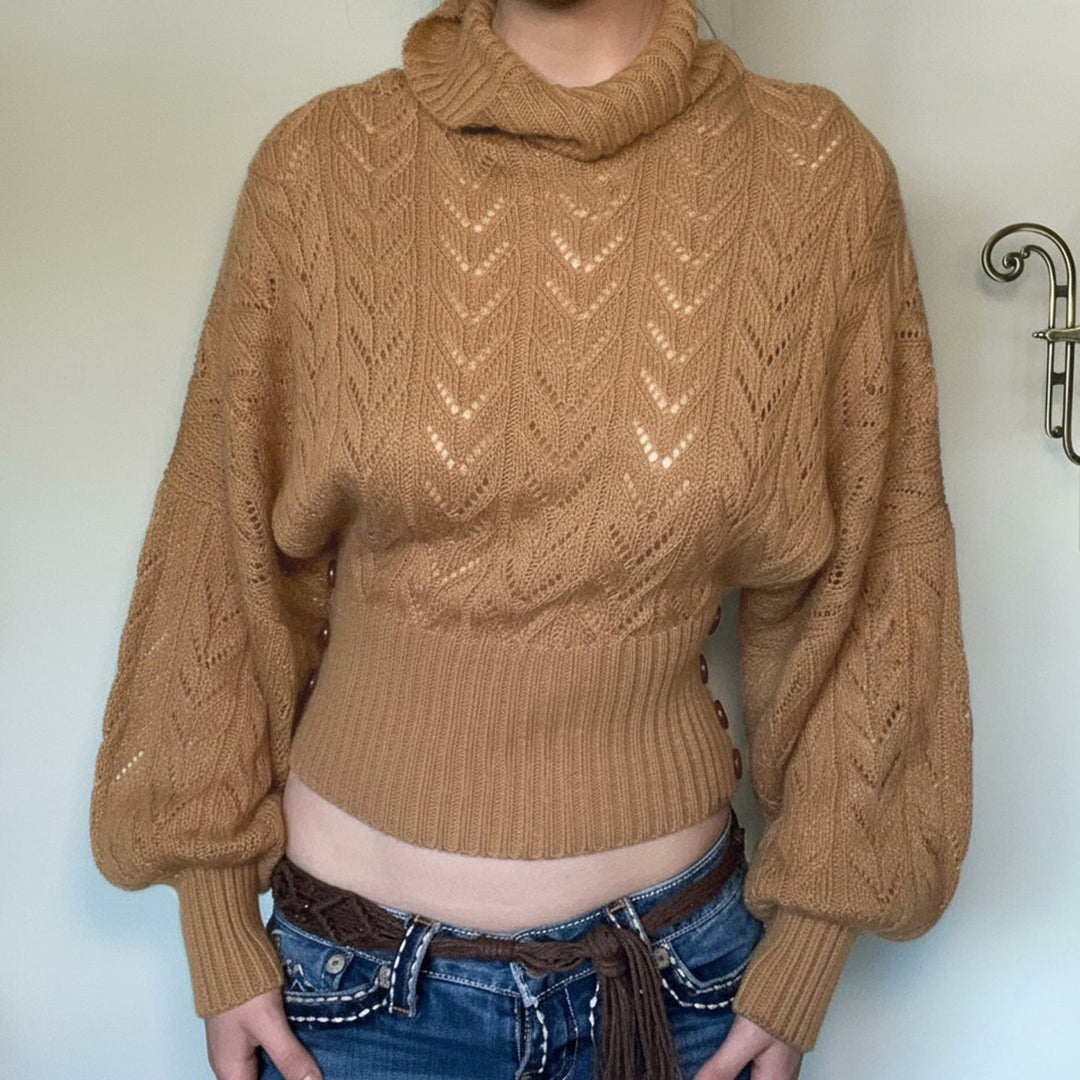 Ladies Cropped Long Sleeve Turtleneck Pullover with Buttons