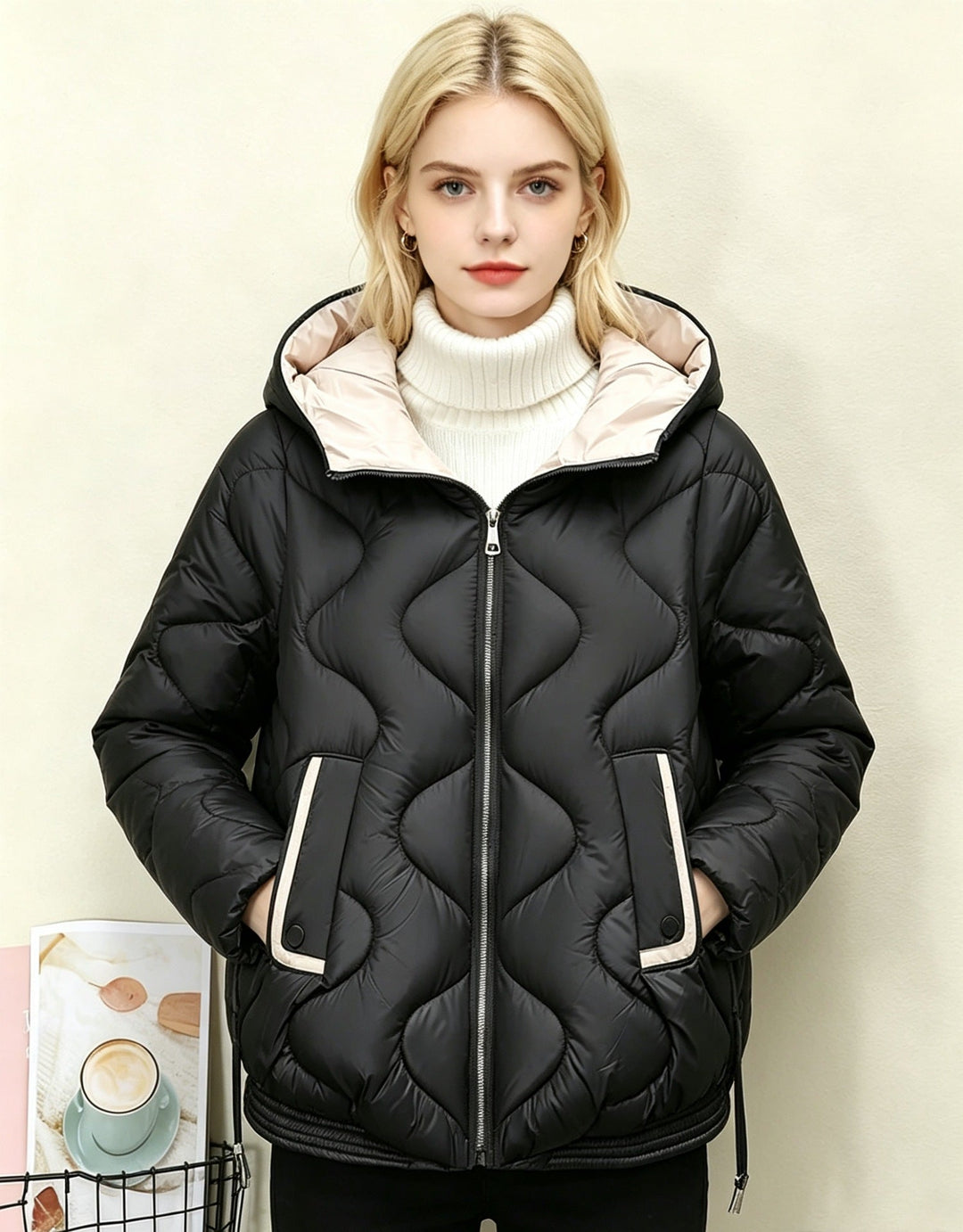 Ladies' Quilted Short Jacket with Heart Stitching, Rounded Hem, and Hood