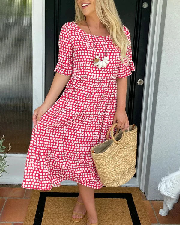 Luxurious Relaxed Fit Dotted Pattern Breathable Tiered Silhouette Midlength Dress