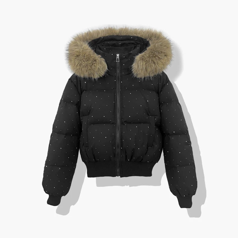 Ladies short quilted jacket with removable hood