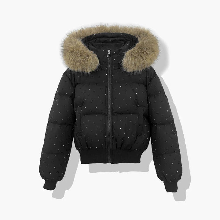 Ladies short quilted jacket with removable hood