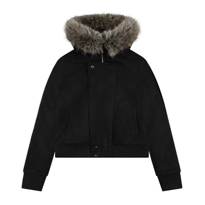 Ladies' Short Bomber Jacket with Voluminous Hood and Thumbhole Cuffs