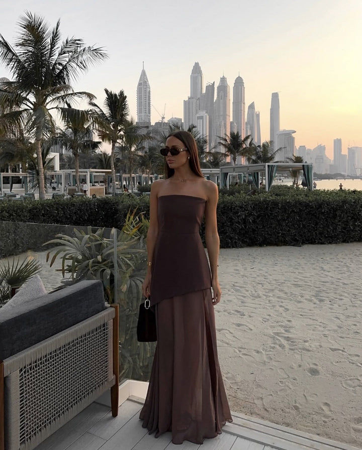 Magnificent Strapless Patchwork Mesh With Exquisitely Cascading Hemline Maxi Dress