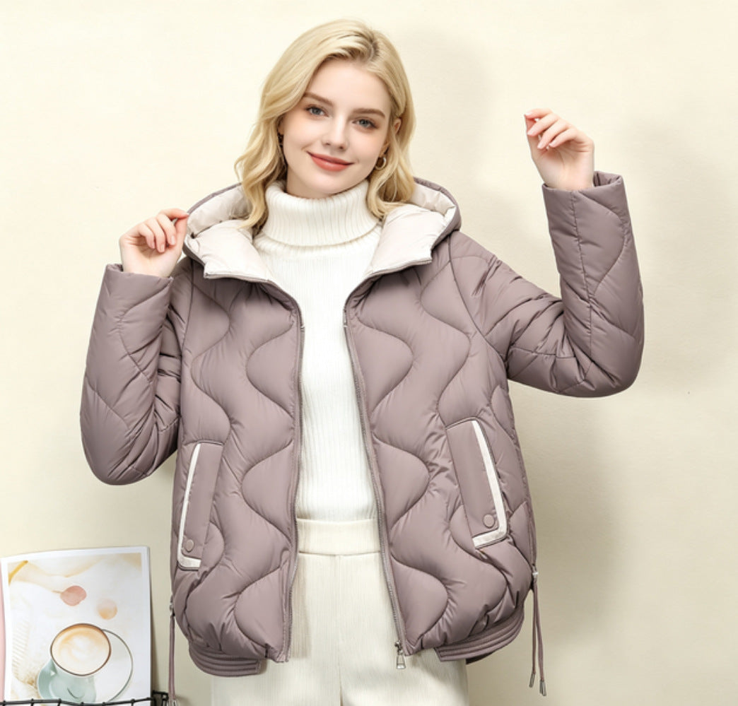 Ladies' Quilted Short Jacket with Heart Stitching, Rounded Hem, and Hood