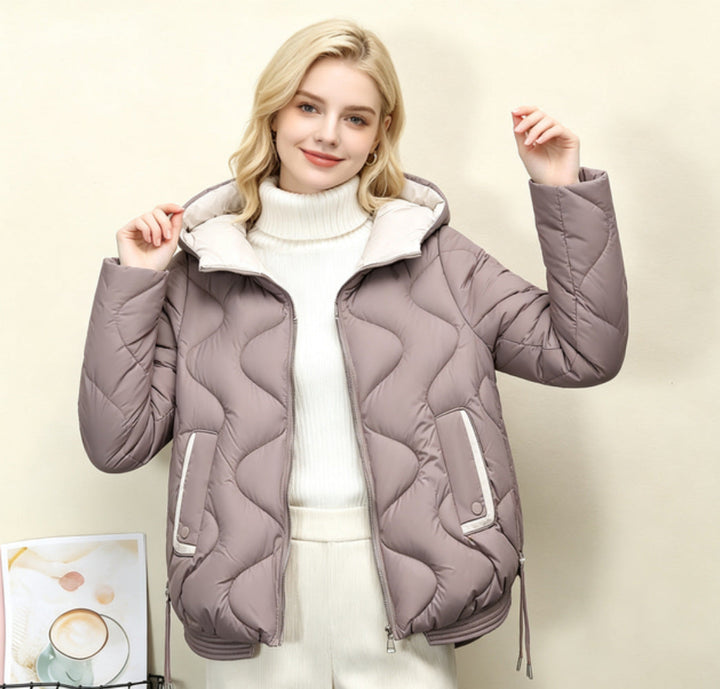 Ladies' Quilted Short Jacket with Heart Stitching, Rounded Hem, and Hood