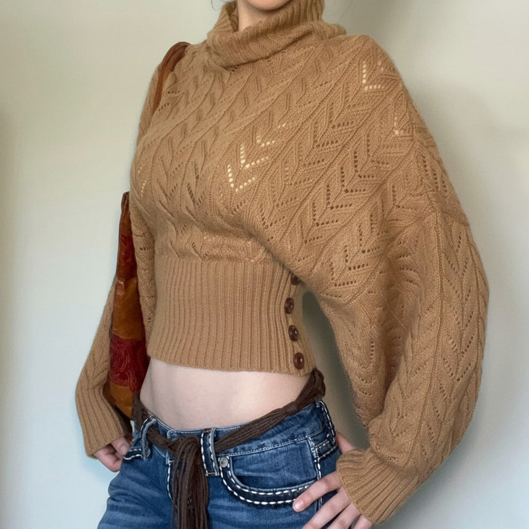Ladies Cropped Long Sleeve Turtleneck Pullover with Buttons