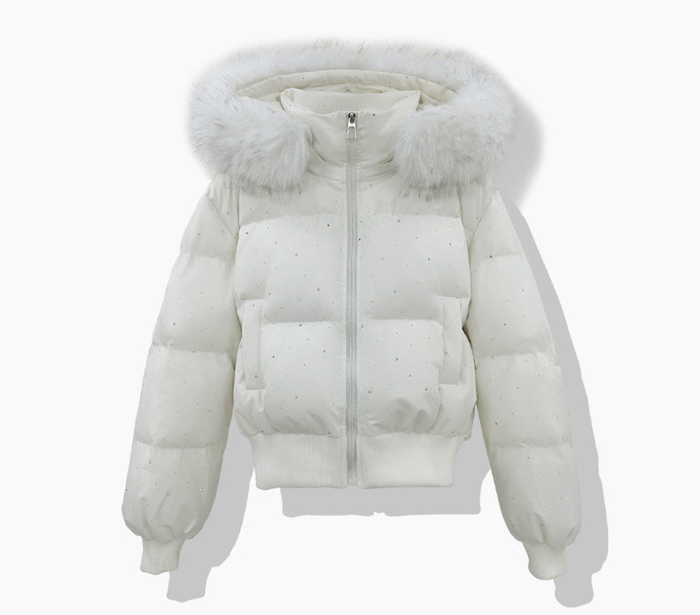 Ladies short quilted jacket with removable hood
