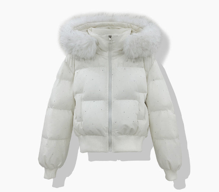 Ladies short quilted jacket with removable hood