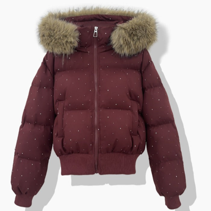 Ladies short quilted jacket with removable hood