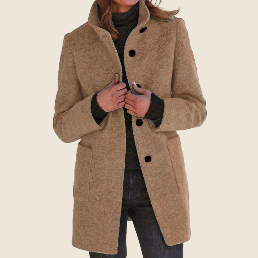 Women's Mid-Length Blend Coat with Stand-Up Collar and Piped Pockets