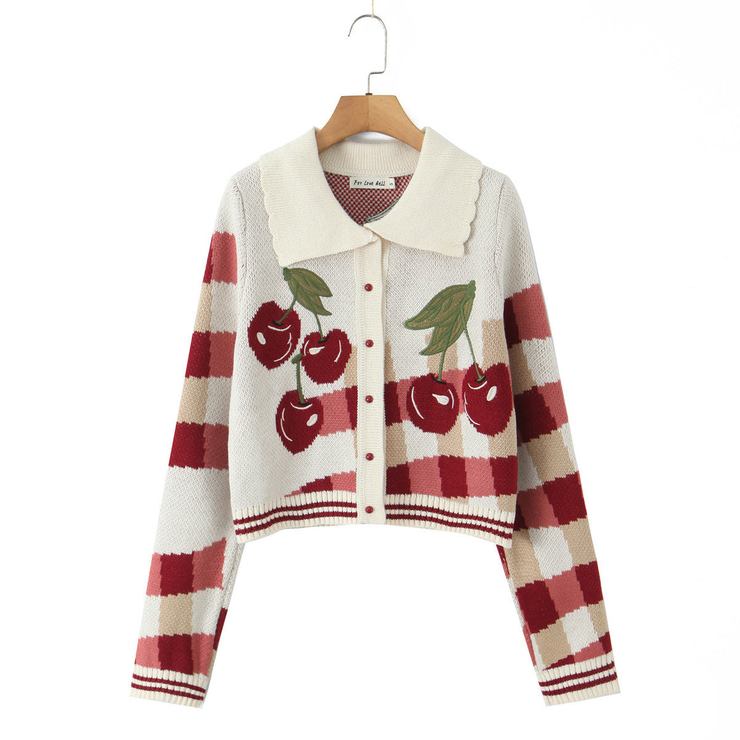 Ladies Short Knitted Cardigan with Cherry Blossom Floral Pattern