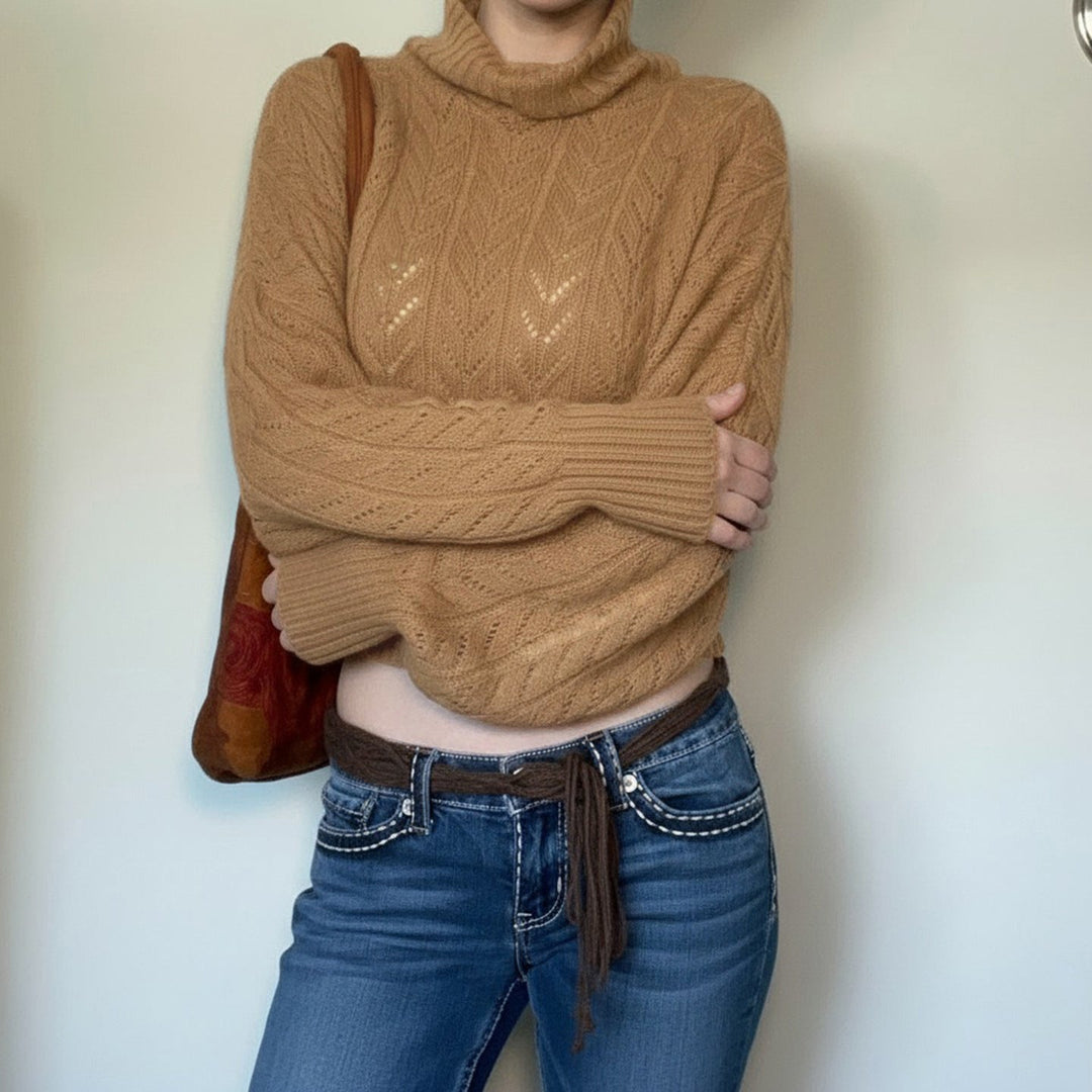 Ladies Cropped Long Sleeve Turtleneck Pullover with Buttons