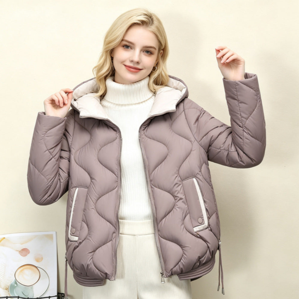 Ladies' Quilted Short Jacket with Heart Stitching, Rounded Hem, and Hood