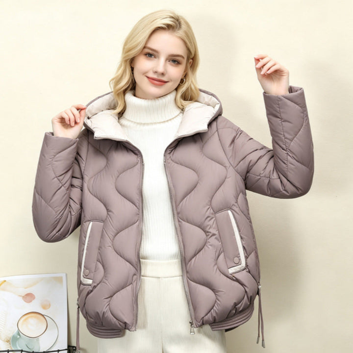 Ladies' Quilted Short Jacket with Heart Stitching, Rounded Hem, and Hood