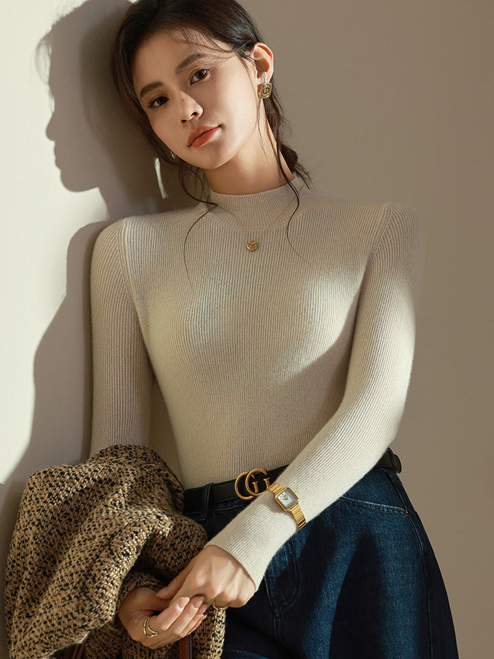 Women's Ribbed Sweater with Stand-Up Collar and Long Sleeves