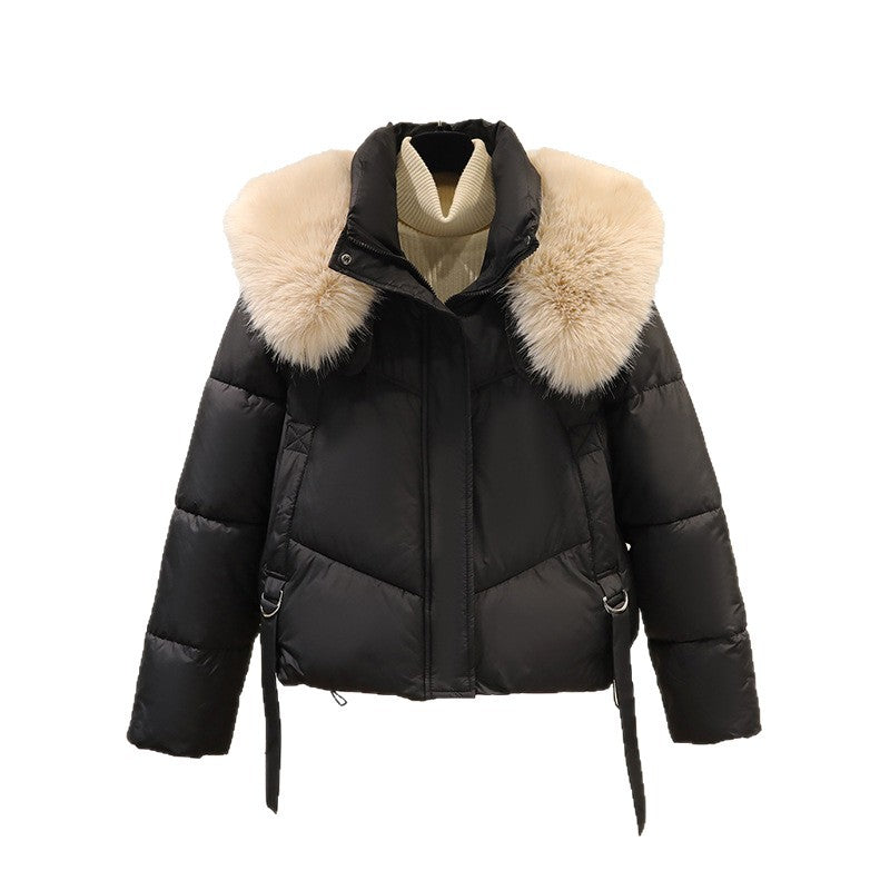 Ladies' Short Quilted Jacket with Voluminous Faux Fur Collar and Waistband