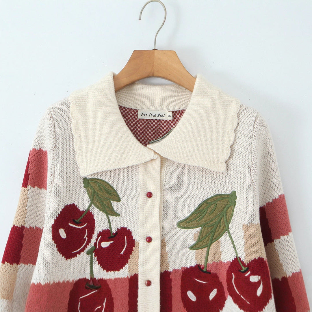 Ladies Short Knitted Cardigan with Cherry Blossom Floral Pattern