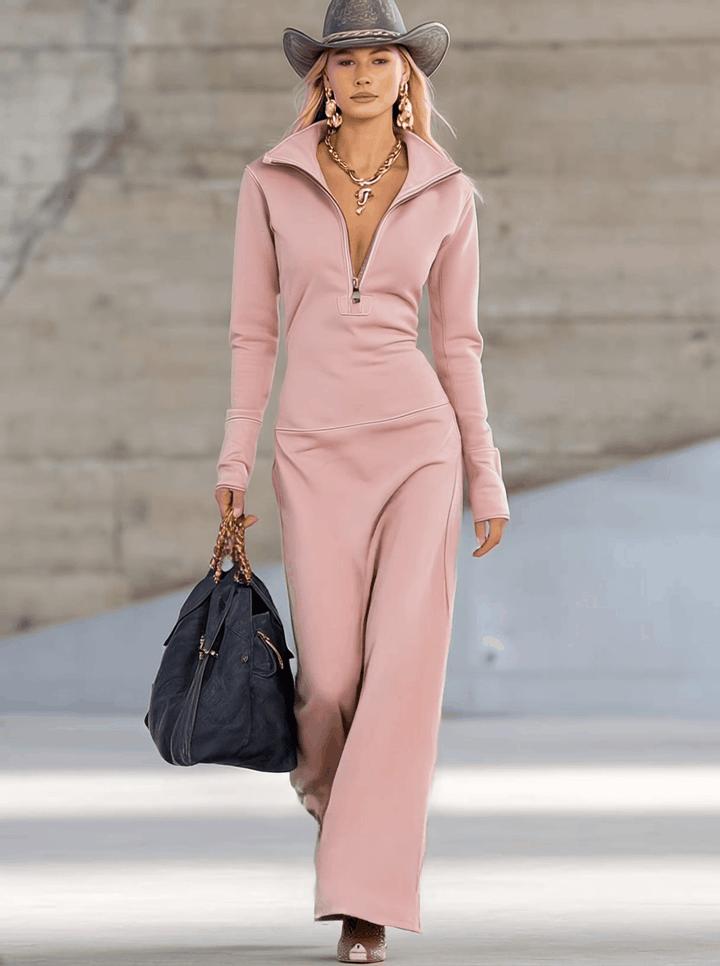 Women’s Pink Maxi Dress – Elegant V-Neck Front Zip Sporty Fabric Flattering Silhouette Dress