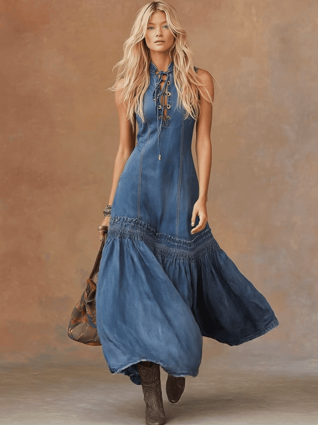 Elegant Timeless Vintage Western Tie-Neck Premium Denim Texture BubbleHem MaxiDress