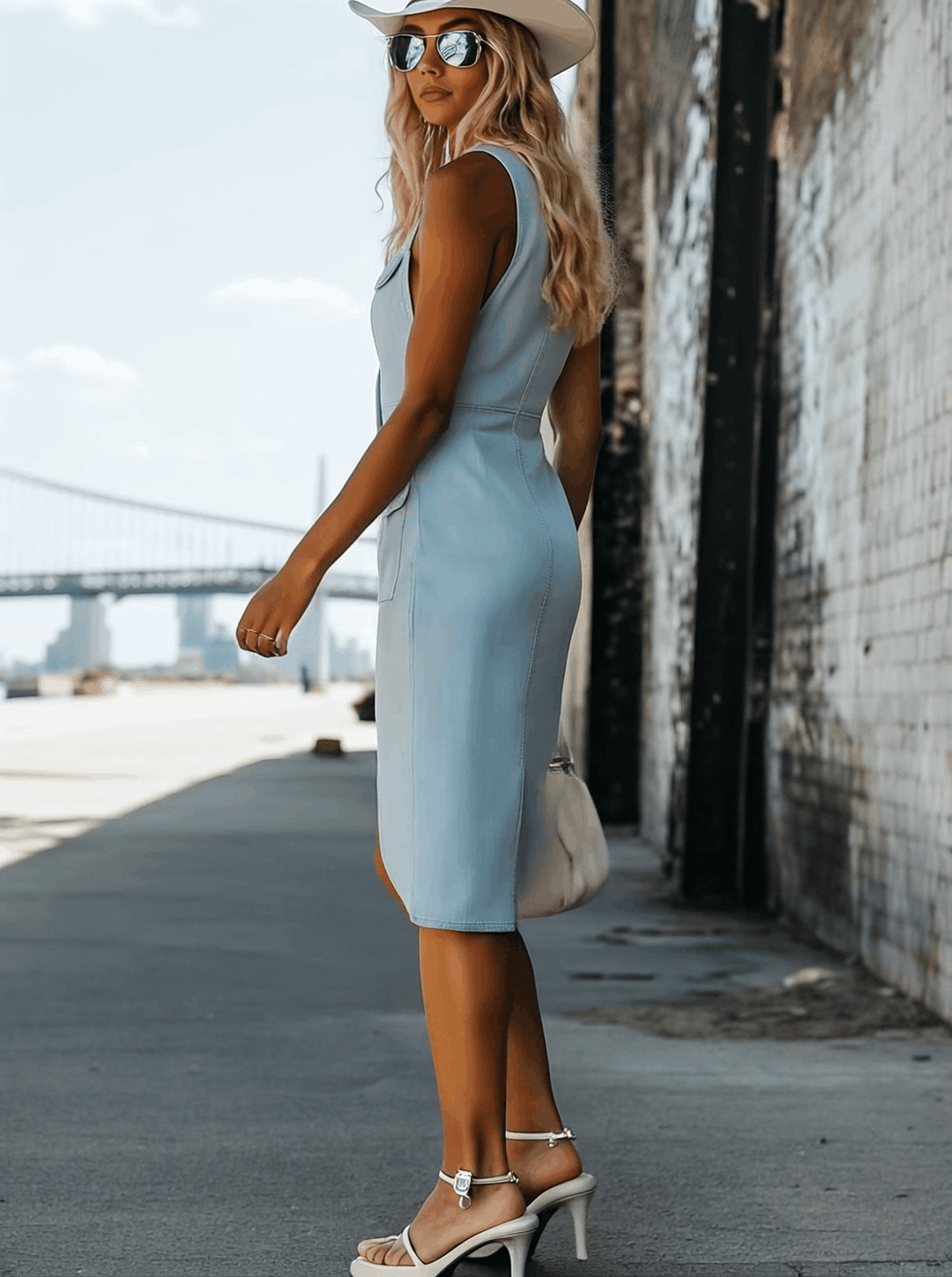 Women’s Denim Midi Dress – V-Neck Button Front Lightweight Stretch Tulip Hem Dress